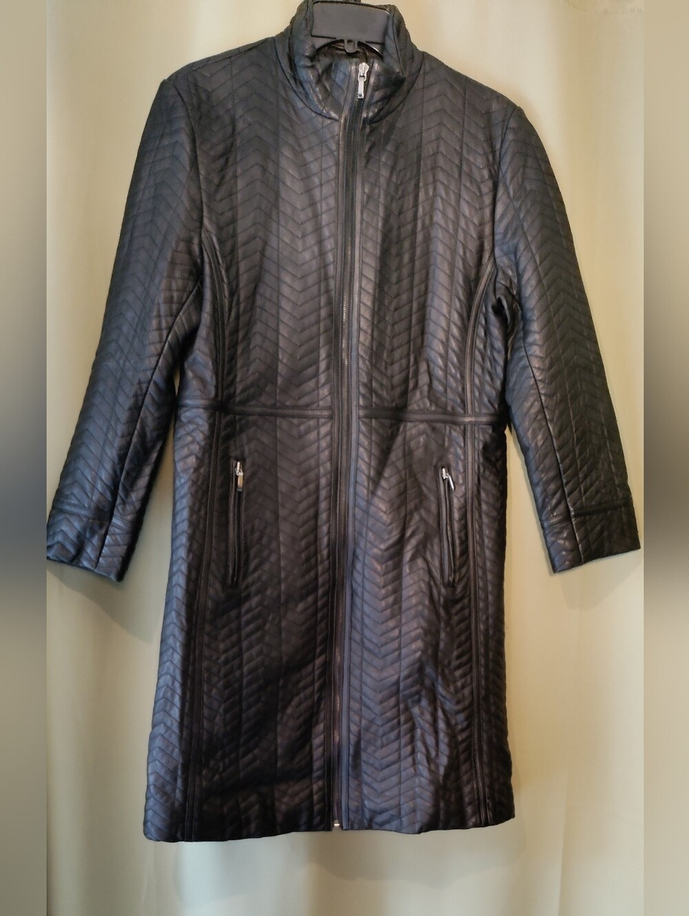 Nine West Black Genuine Leather Quilted Mid-Length Coat Size M